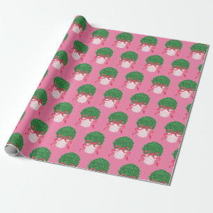 Pink and Green Boxwood Bow Christmas Wrapping Paper