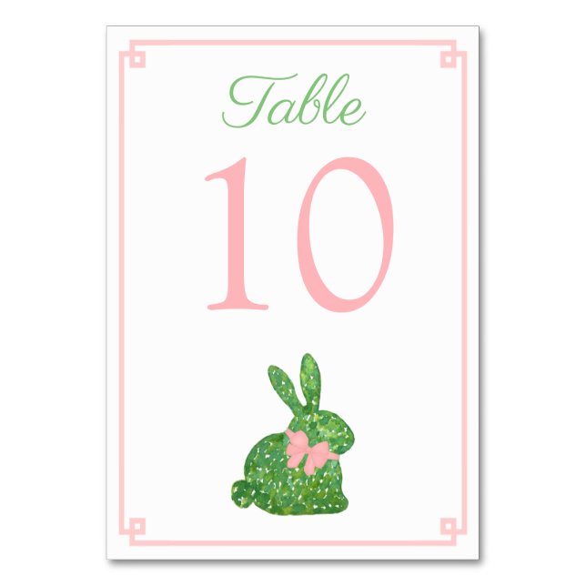 Pink And Green Boxwood Bunny Spring Baby Shower Table Number (Front)