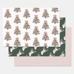 Pink and Green Brushstroke Christmas Flat Wrapping Wrapping Paper Sheet