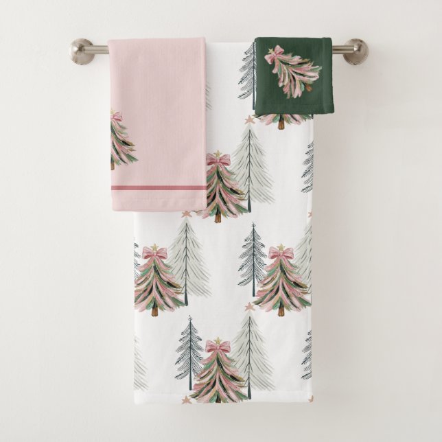Pink and Green Brushstroke Christmas Tree Bath Towel Set (Insitu)