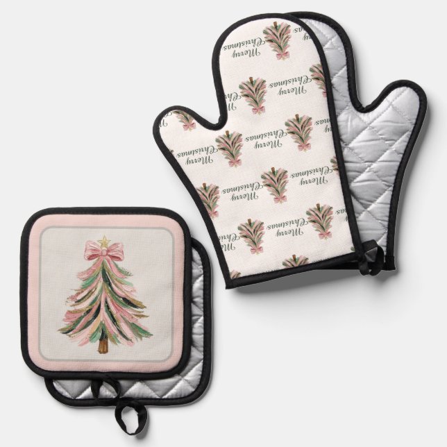 Pink and Green Brushstroke Christmas Tree Oven Mitt & Pot Holder Set (Front/Back)