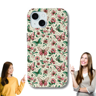 Pink and Green Butterflies Floral Pattern iPhone 15 Case