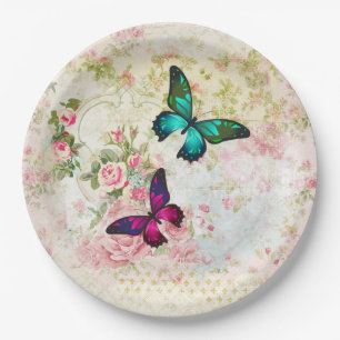 Pink and Green Butterflies on Vintage Pattern Paper Plate