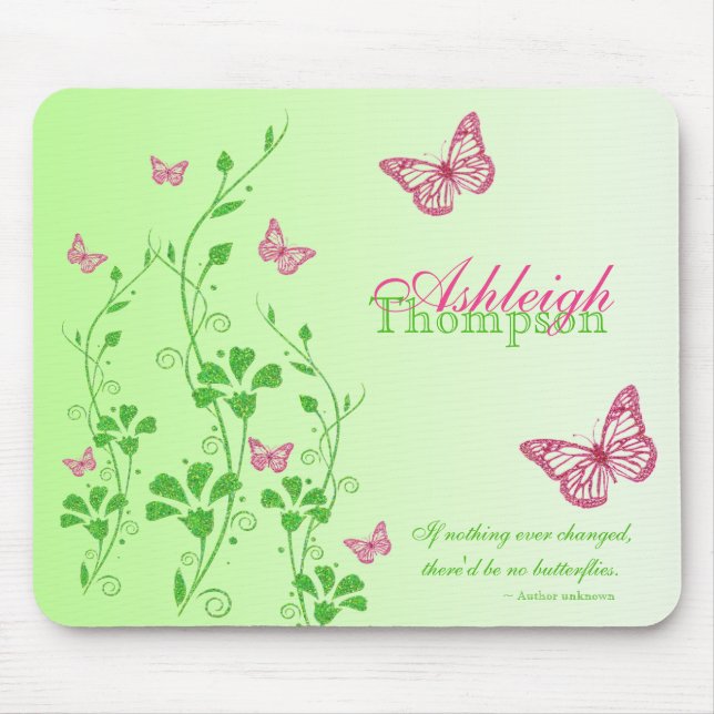 Pink and Green Butterfly Floral Mousepad (Front)