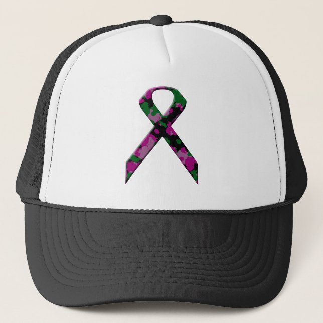 Pink and green camouflage breast cancer awareness trucker hat (Front)
