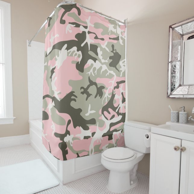 Pink and Green Camouflage, Military, Army Shower Curtain (In Situ)