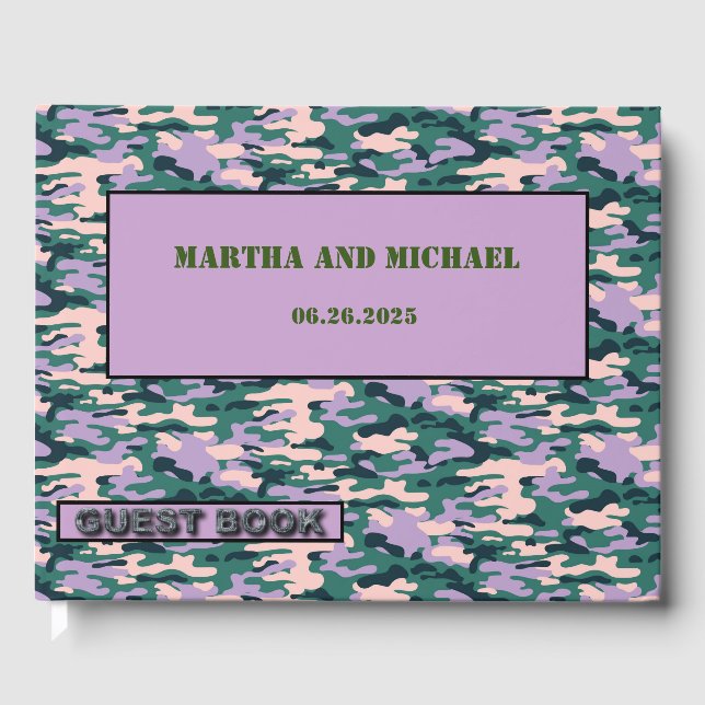 Pink And Green Camouflage Wedding Guest Book (Front)