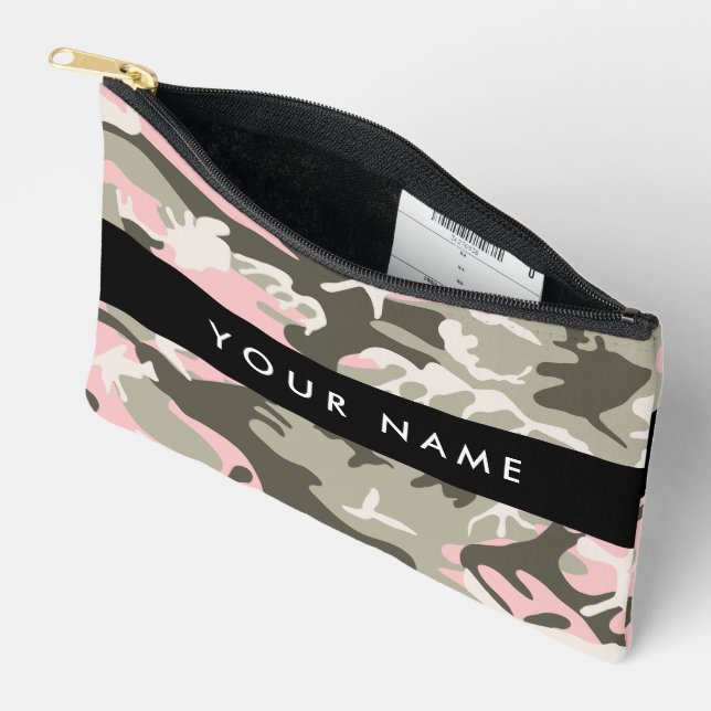 Pink and Green Camouflage Your name Personalise Accessory Pouch (Open)