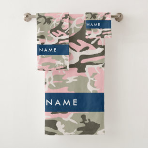 Pink and Green Camouflage Your name Personalise Bath Towel Set