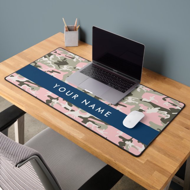 Pink and Green Camouflage Your name Personalise Desk Mat (Office 2)