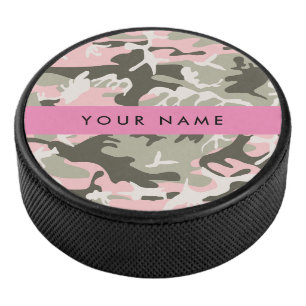 Pink and Green Camouflage Your name Personalise Hockey Puck