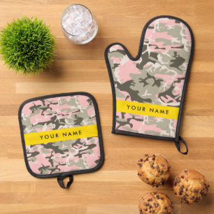 Pink and Green Camouflage Your name Personalise Oven Mitt & Pot Holder Set