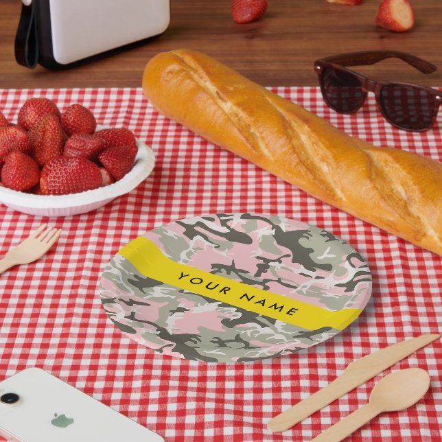 Pink and Green Camouflage Your name Personalise Paper Plate (Picnic)