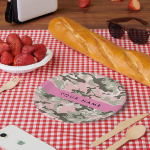 Pink and Green Camouflage Your name Personalise Paper Plate