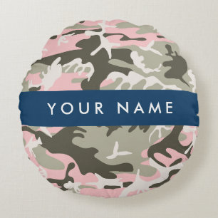 Pink and Green Camouflage Your name Personalise Round Cushion