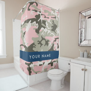 Pink and Green Camouflage Your name Personalise Shower Curtain