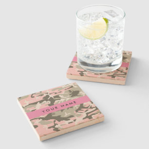 Pink and Green Camouflage Your name Personalise Stone Coaster