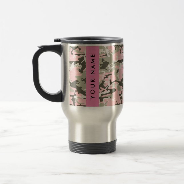 Pink and Green Camouflage Your name Personalise Travel Mug (Left)