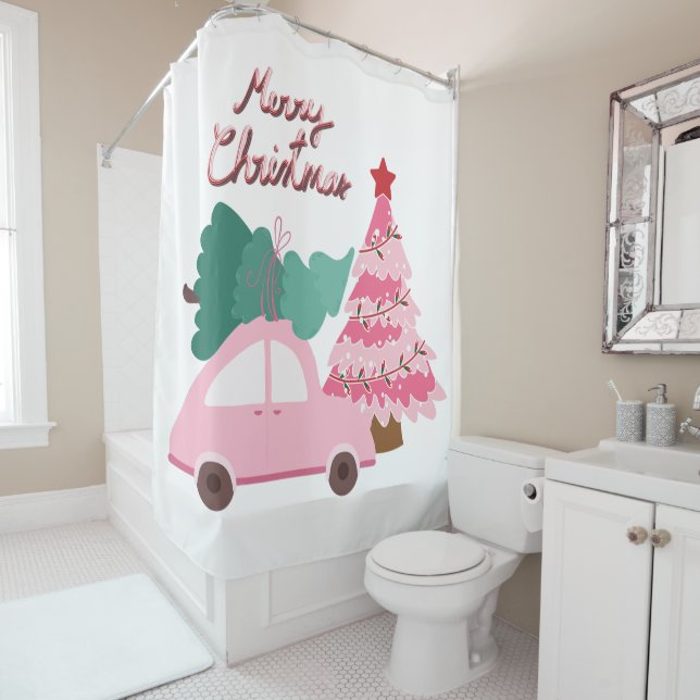 Pink and Green Car & Christmas Tree Shower Curtain (In Situ)