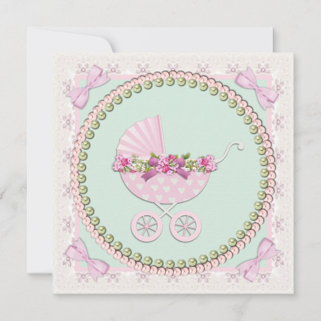Pink and Green Carriage Baby Shower Invitation (Front)