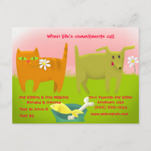 Pink and Green Cat and Dog Pet Sitting             Postcard
