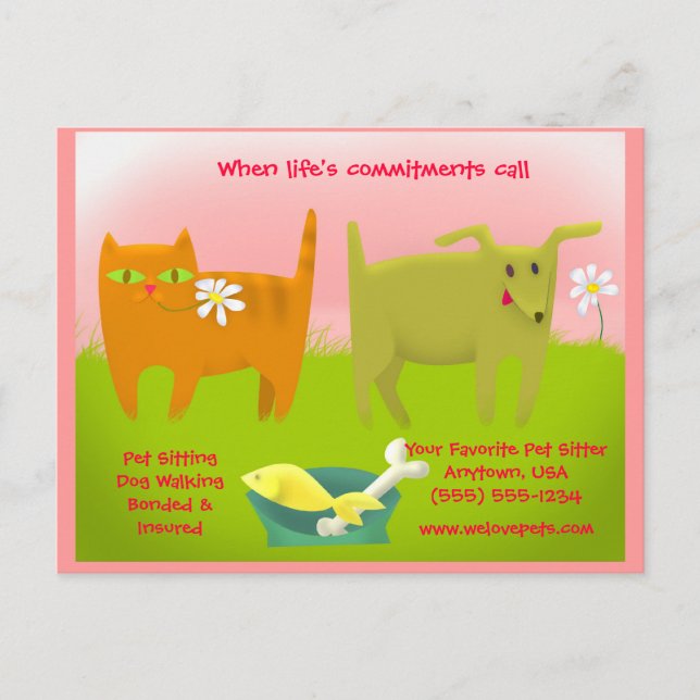 Pink and Green Cat and Dog Pet Sitting             Postcard (Front)