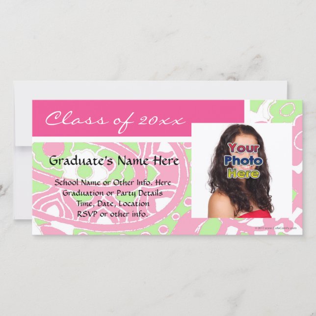 Pink and Green Cheerful Graduation Photo Cards (Front)