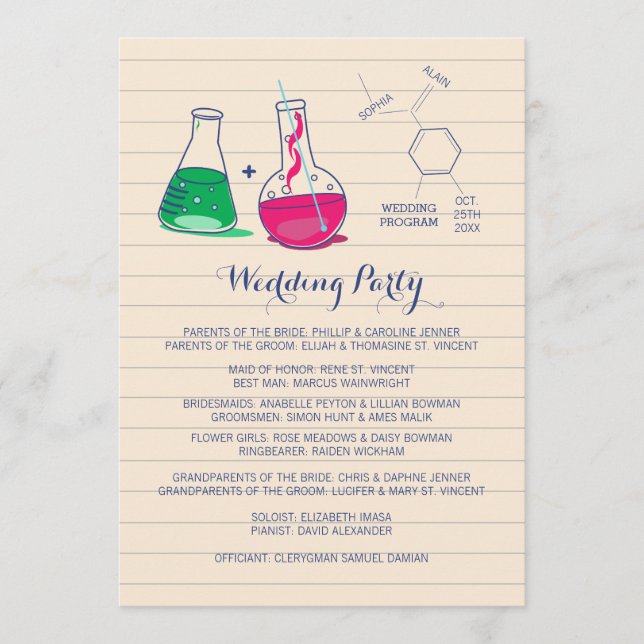 Pink and Green Chemistry Wedding Programs Programme (Front)