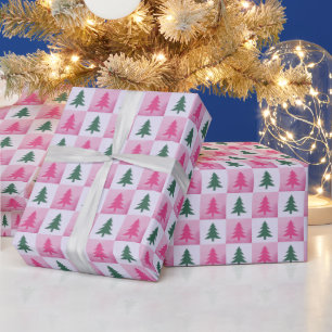Pink and Green Chequerboard Trees Modern Christmas Wrapping Paper