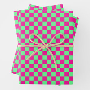 Pink and Green Chequered Print Wrapping Paper Sheet