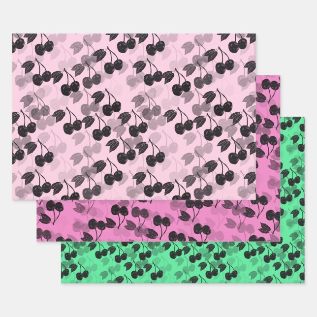 Pink and green Cherries on Wrapping Paper Sheet (Set)