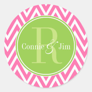 Pink and Green Chevrons Monogram Classic Round Sticker