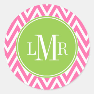 Pink and Green Chevrons Monogram Classic Round Sticker