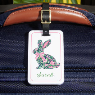 Pink and Green Chinoiserie Bunny With Bow Luggage Tag