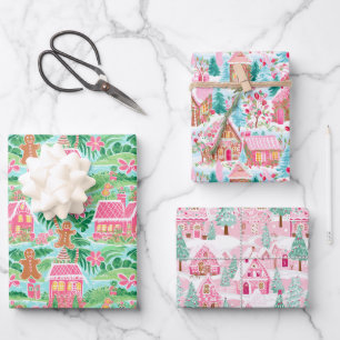 Pink and Green Christmas Gingerbread Houses Wrapping Paper Sheet