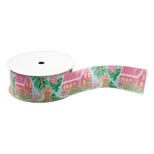 Pink and Green Christmas Gingerbread Village Grosgrain Ribbon