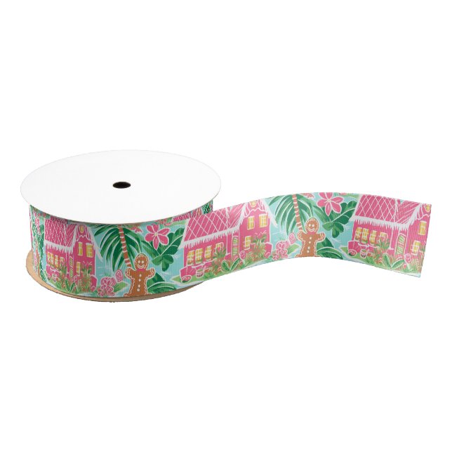 Pink and Green Christmas Gingerbread Village Grosgrain Ribbon (Spool)