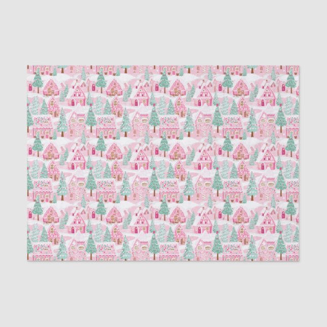 Pink and Green Christmas Gingerbread Village Tissue Paper (Front)