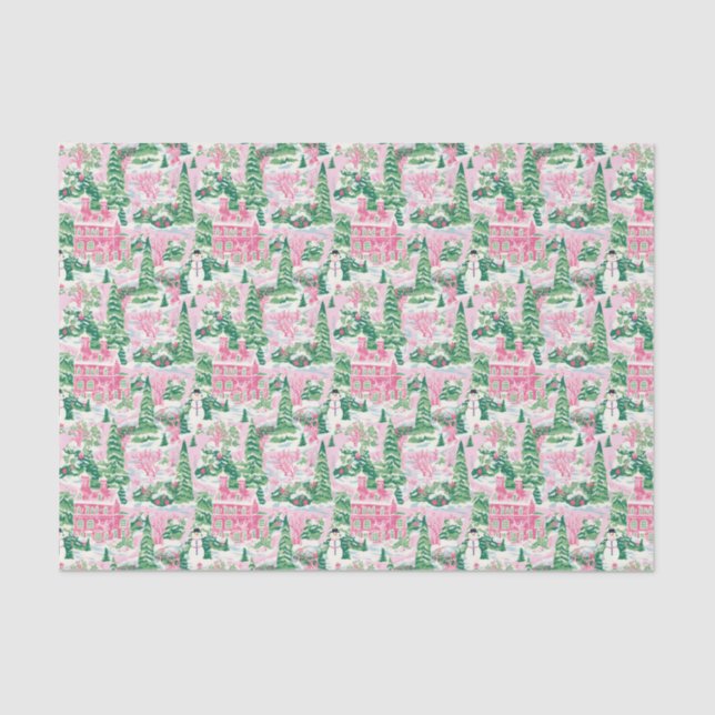 Pink and Green Christmas Houses Tissue Paper (Front)