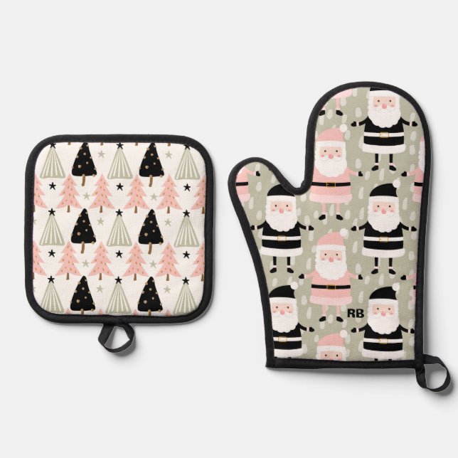 Pink and Green Christmas Oven Mitt & Pot Holder Set (Front)