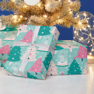 Pink And Green Christmas Snow Globe Wrapping Paper