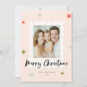 Pink and Green Christmas Stamp classic design Holiday Card