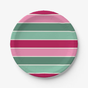 Pink and Green Christmas Stripes Paper Plate