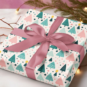 Pink and Green Christmas Tree Pattern Wrapping Paper