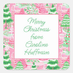 Pink and Green Christmas Trees Gift Square Sticker