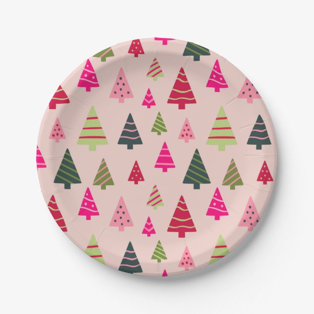 Pink and Green Christmas Trees Paper Plate (Front)