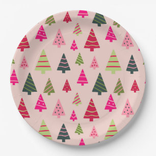 Pink and Green Christmas Trees Paper Plate
