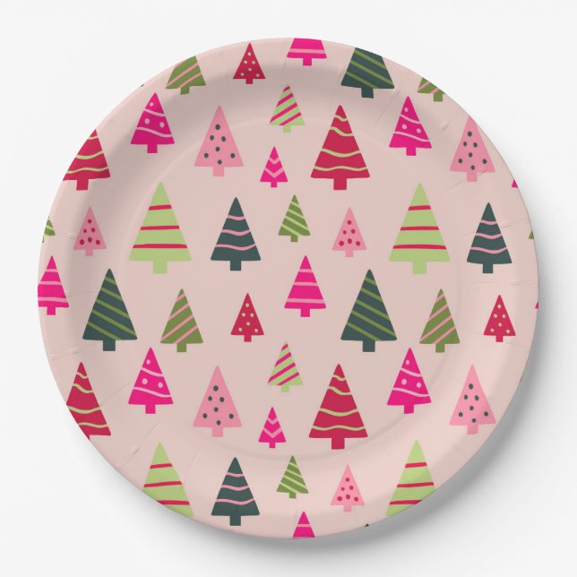 Pink and Green Christmas Trees Paper Plate (Front)