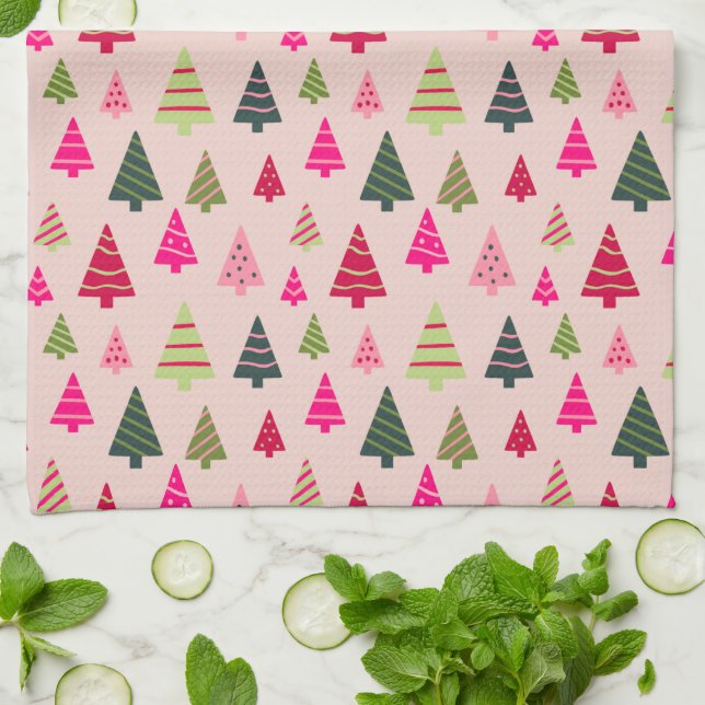 Pink and Green Christmas Trees  Tea Towel (Folded)