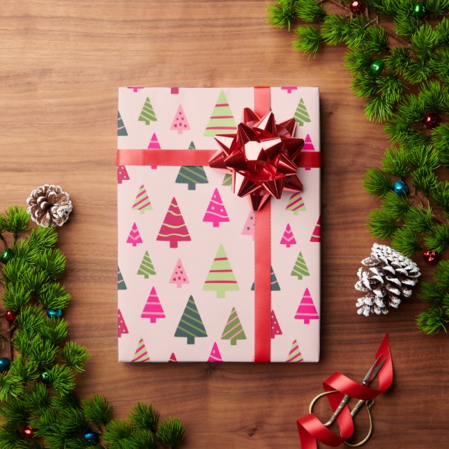 Pink and Green Christmas Trees Wrapping Paper (Holiday Gift)